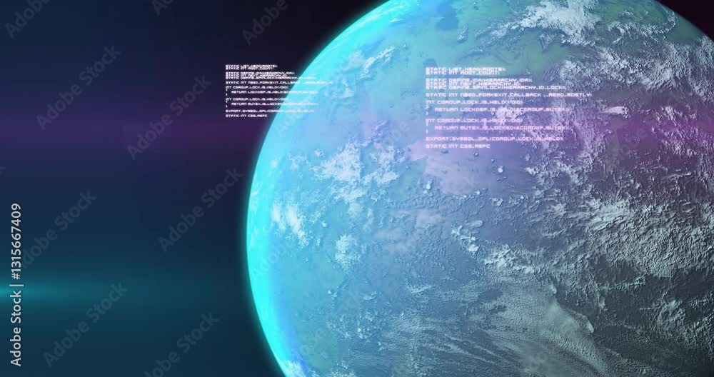 Poster digital data streams flowing over earth's surface in space-themed animation