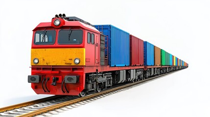 Freight Train on Tracks, White Background