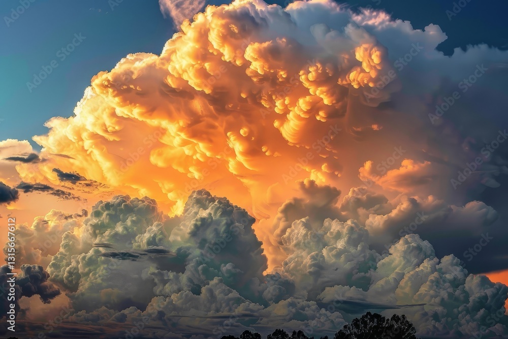 Poster a breathtaking shot of towering golden clouds forming a captivating display in the sky, thick toweri