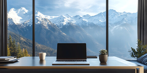Modern Mountain Loft Office: Digital Nomad Workspace with Panoramic Alpine Views
