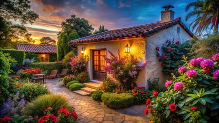 Fototapeta premium Charming Spanish-Style Cottage with Lush Garden in Low Light Photography, Evening Glow, Serene Atmosphere, Garden Pathway, Warm Colors, Architectural Details, Tranquil Retreat