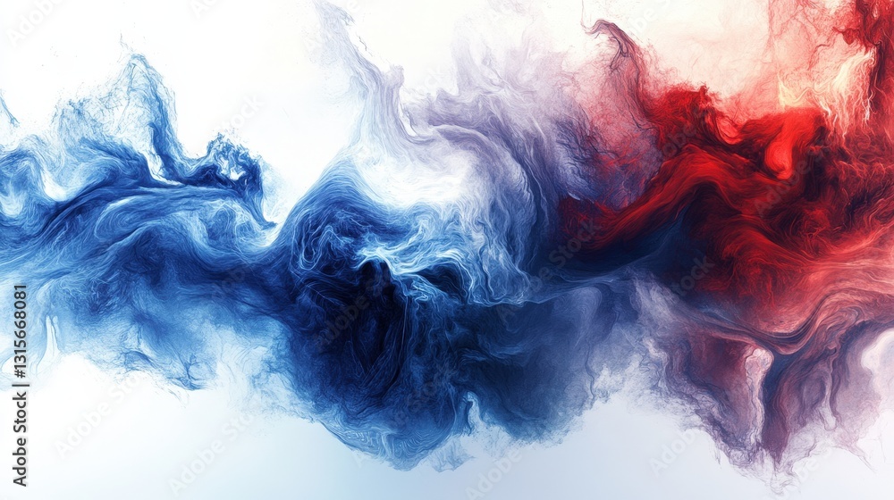 Poster a hypnotic composition of fractal clouds in vivid shades of blue and red, flowing in a captivating a