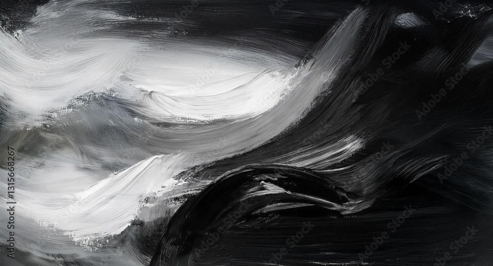 Poster monochromatic abstract art featuring dynamic brushstrokes in black and white, creating a sense of mo