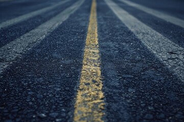 A close-up shot of a road surface with faded white and yellow lane markings, Smooth tarmac marred by faded lane markings