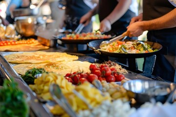 Obraz premium A close-up view of an outdoor food station with freshly made crepes and omelettes, Interactive food stations like a crepe or omelette bar