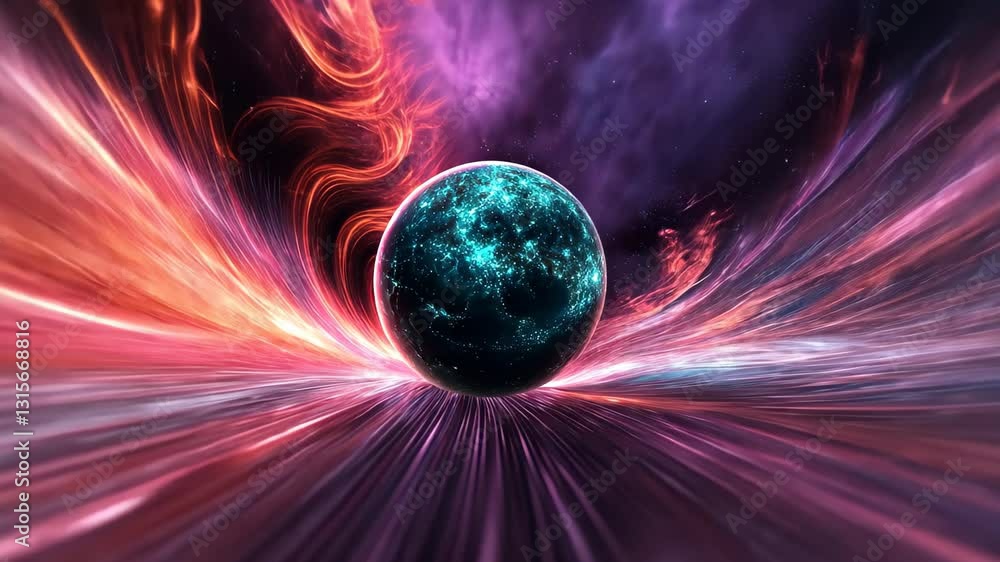 Poster rotating globe surrounded by vibrant optical fiber clouds in a cosmic atmosphere, a rotating globe i