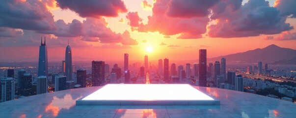 Futuristic cityscape at sunset with a large abstract white square shape in the foreground , cityscape, space, futuristic