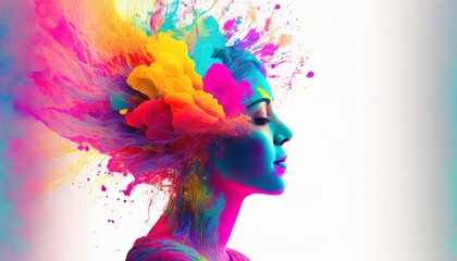 Vibrant explosion depiction human mind bursting with spectrums. creative thoughts ideas illuminating. mindfulness concept. creative art. nebula background.