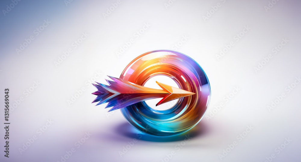 Poster a vibrant arrow impales a glossy, circular abstract form. the design features a spectrum of colors, 