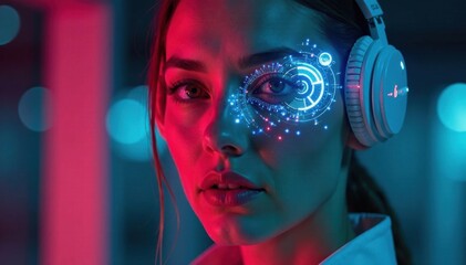 Futuristic female with cyber eye panel on forehead, cybernetic eye, , neon glow