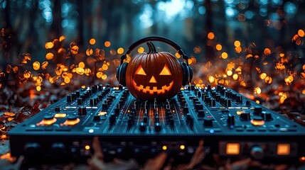 Halloween DJ Pumpkin Wearing Headphones Mixing Music on a DJ Mixer in Spooky Autumn Forest Setting with Bokeh Lights