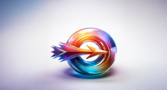 A vibrant arrow impales a glossy, circular abstract form.  The design features a spectrum of colors, creating a sense of motion and dynamic energy against a clean backdrop.