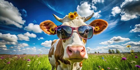 Fototapeta premium Cow Wearing Sunglasses with Reflection of Clouds in High Depth of Field - Playful Farm Animal Photography, Nature, Fun Cattle Images, and Sunny Sky Reflections
