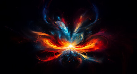 Vivid abstract design featuring a central burst of blue and red energy, resembling a fiery explosion against a dark backdrop.