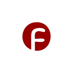 A simple, stylized letter "f" in white, rotated 90 degrees counter-clockwise, placed within a solid dark red circle, centered on a white background.