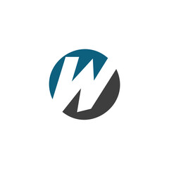 A white stylized letter "W" with sharp angles, placed within a circle divided into two color sections: a dark blue upper half and a dark gray lower half, against a white background.