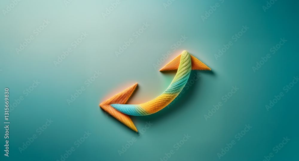 Poster colorful curved arrow pointing up and to the right against a gradient blue background. textured surf