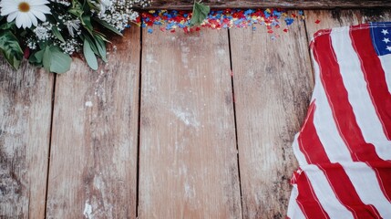 Rustic wooden table decorated with flowers and colorful confetti for a festive celebration