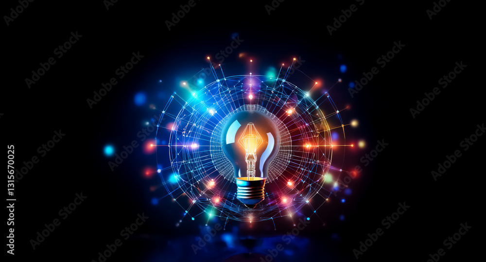 Poster vibrant light bulb illuminates from the center, surrounded by a dynamic web of colorful lights and c