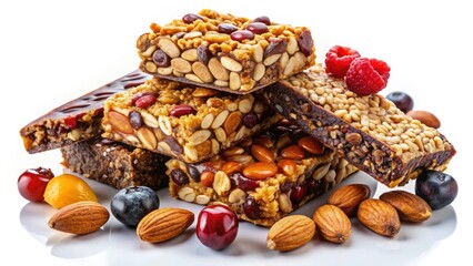 Fototapeta premium Crispy Homemade Protein Bars with Peanuts, Almonds, and Chocolate on Assorted Fruits and Nuts - Healthy Snack Options for Fitness Enthusiasts