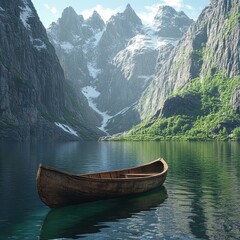 Obraz premium Calm Waters with a Wooden Boat Surrounded by Majestic Mountains