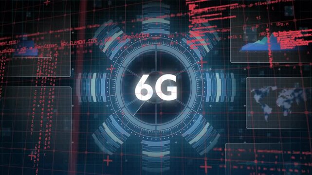 Animation of futuristic 6G technology with digital interface and data visualization - Powered by Adobe