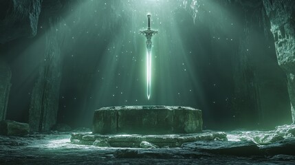A legendary sword floating above an ancient stone altar, radiating divine energy