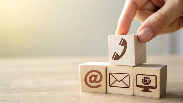 Wooden blocks showcase communication methods email phone website contact global support - Powered by Adobe
