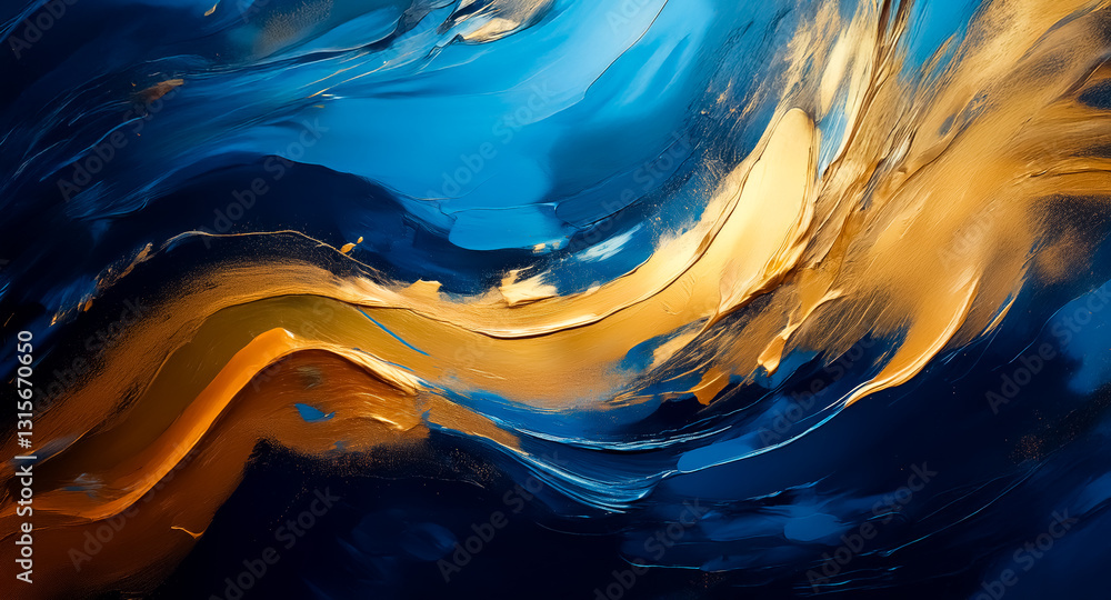 Poster abstract artwork featuring swirling strokes of blue and gold paint, creating a luxurious and dynamic
