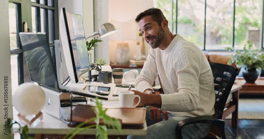 Poster computer, reading and thinking with man in home office for remote work or startup business. administ