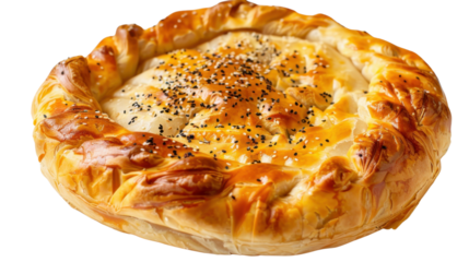 Delicious round pie isolated on transparent background, sprinkled with sesame seeds