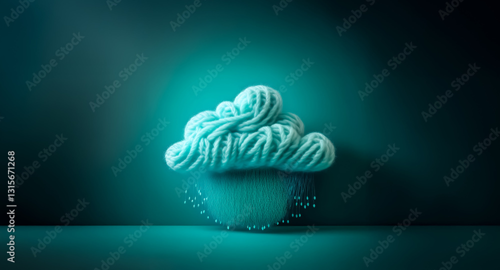 Poster turquoise yarn sculpted into a cupcake with a swirled frosting design on a gradient backdrop. soft t
