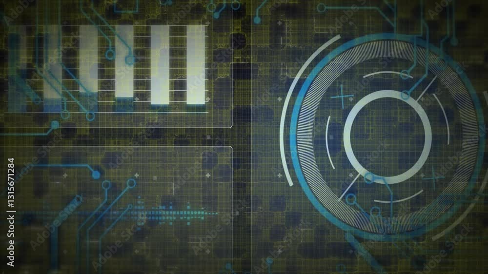 Poster animation of futuristic digital interface with circular patterns in school setting