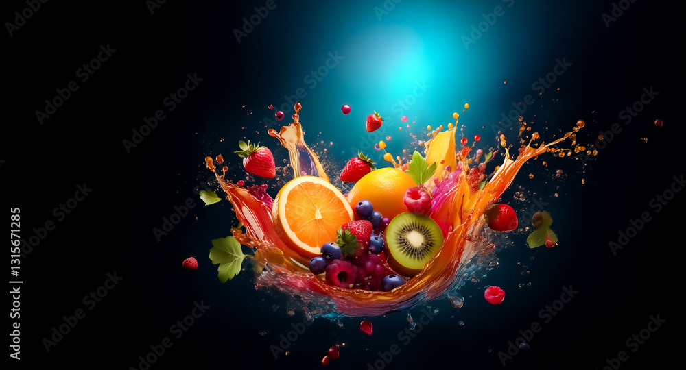 Poster vibrant fruits explode in a colorful splash against a dark backdrop. a refreshing burst of juice and