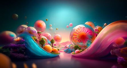 A vibrant, surreal landscape with floating spheres, colorful ribbons, and trees. Dreamlike and fantastical scene with bright hues and flowing shapes.