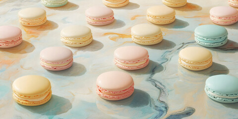 Fototapeta premium Pastel Macarons Illustration, Background Macarons Art, Dessert Lovers Artwork, Macaron Print, Colorful Macarons, Kitchen Art Piece