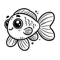 Adorable cartoon fish with big eyes in black and white line art style. Perfect for children’s coloring books, educational content, and aquatic-themed designs.