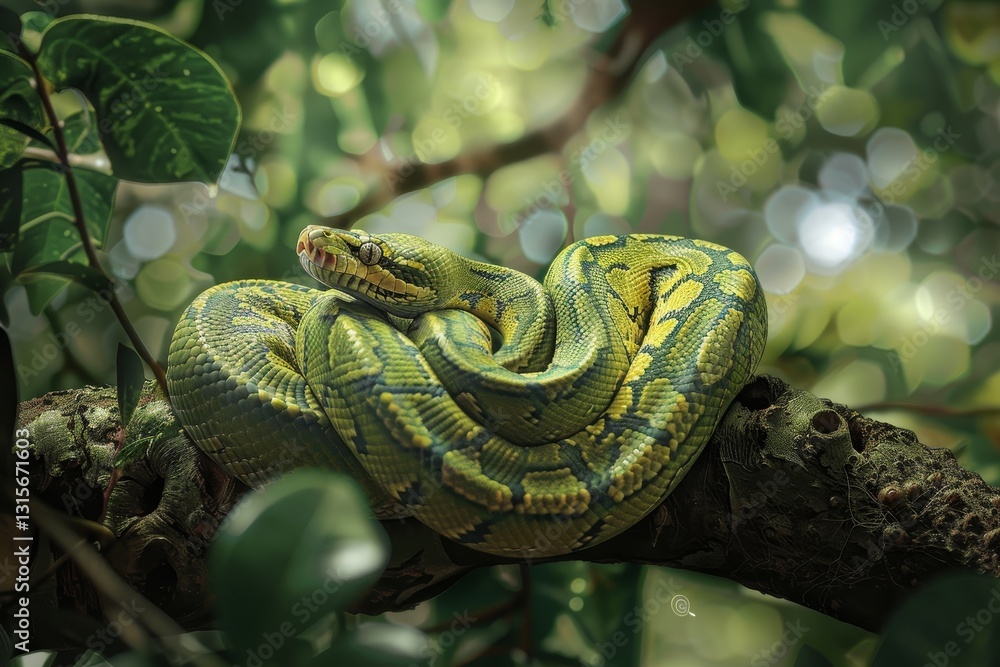 Fototapete a green python rests on a tree branch in a lush rainforest setting, an elegant python lounging on a 