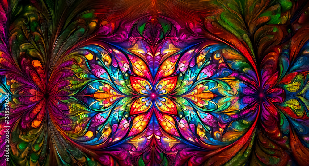 Poster a vibrant and symmetrical abstract pattern with floral elements. intricate design with kaleidoscope 
