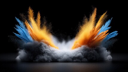 Abstract Gold   Blue Feathers Exploding in Smoke