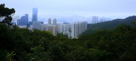 Panoramic view of Hong Kong from above, surrounded by lush forest and mountains. The city skyline contrasts beautifully with the natural green landscape.

