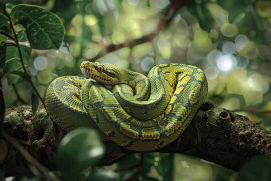 A green python rests on a tree branch in a lush rainforest setting, An elegant python lounging on a tree branch, blending in effortlessly with its surroundings