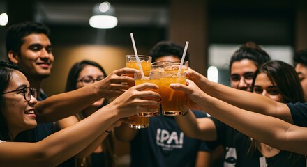 Happy friends toasting drinks together festive celebration fun soda team party group juice event