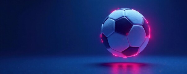 Glowing neon soccer ball in mid-air floats above blue background with subtle gradient effect, neon, abstract, sports