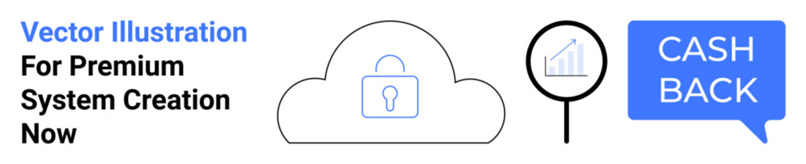 Fototapeta premium Cloud with lock for security, magnifying glass with graph for data analysis, cashback message. Ideal for fintech, cloud services, cybersecurity, analytics, digital marketing, e-commerce flat landing