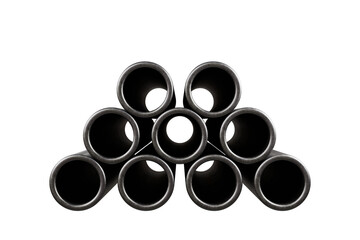 3d Realistic Metal pipes stack, round straight aluminum, stainless or pvc plumbing pipelines icon. Galvanized parts for conducting factory or construction works isolated on white background. 3d render