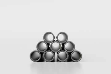 3d Realistic Metal pipes stack, round straight aluminum, stainless or pvc plumbing pipelines icon. Galvanized parts for conducting factory or construction works isolated on white background. 3d render