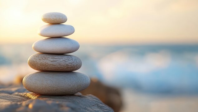 balanced zen stones stacked on a rocky beach with ocean waves in the background under soft sunset light representing harmony relaxation and mindfulness