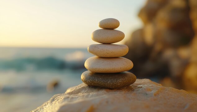 balanced zen stones stacked on a rocky beach with ocean waves in the background under soft sunset light representing harmony relaxation and mindfulness - Powered by Adobe