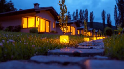 Fototapeta premium Illuminated Pathway to Cozy Houses at Night
